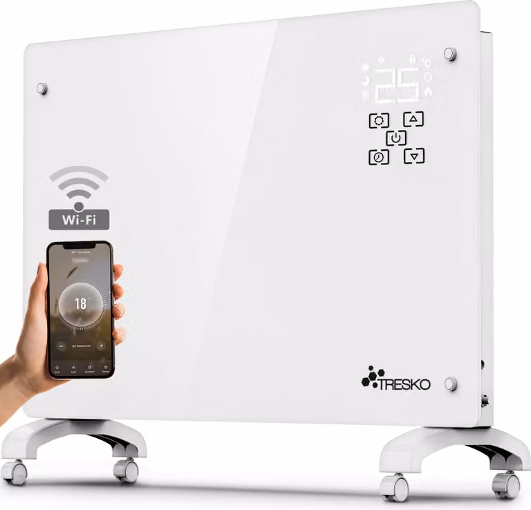 TRESKO Elektroheizung Wit 1500W met WiFi en App Glazen Wandconvector voor Badkamer