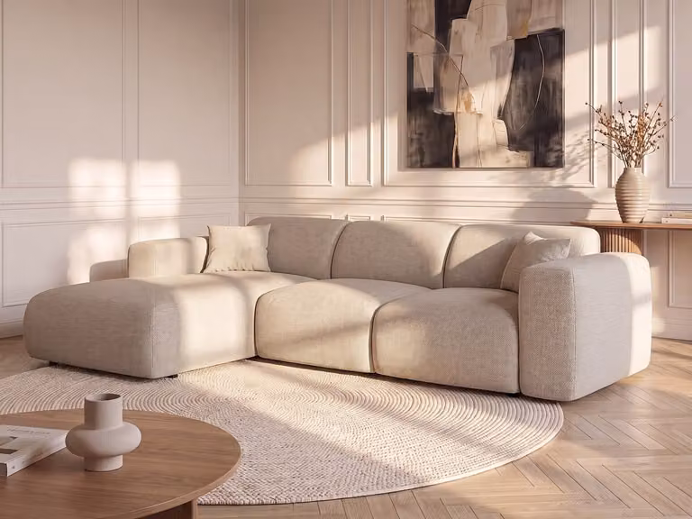 Maison Céphy POGNI Grote hoekslaapbank links, beige gechineerde stof, 140 x 220 cm
