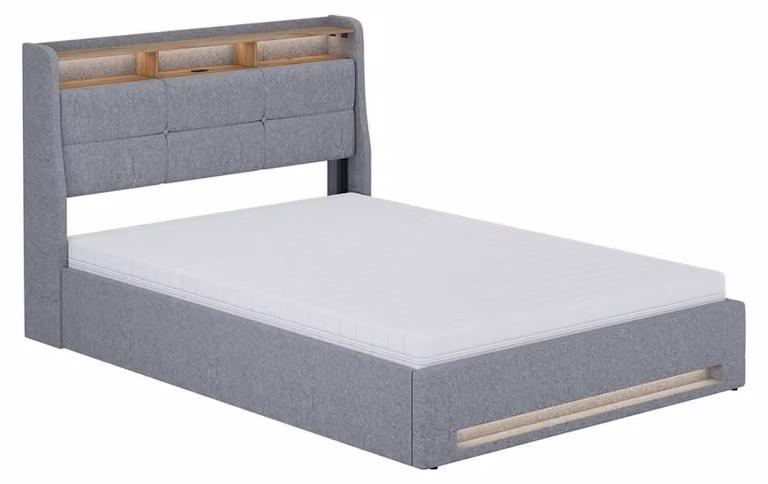 Vitalispa Christin Gestoffeerd bed Grijs/eiken, 140x200 cm, inclusief matras, LED-verlichting en USB-aansluiting