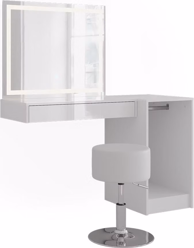 Vicco Kaptafel set Sherry Wit/Wit Hoogglans met LED-spiegel, kruk en kledingstang Model 57725