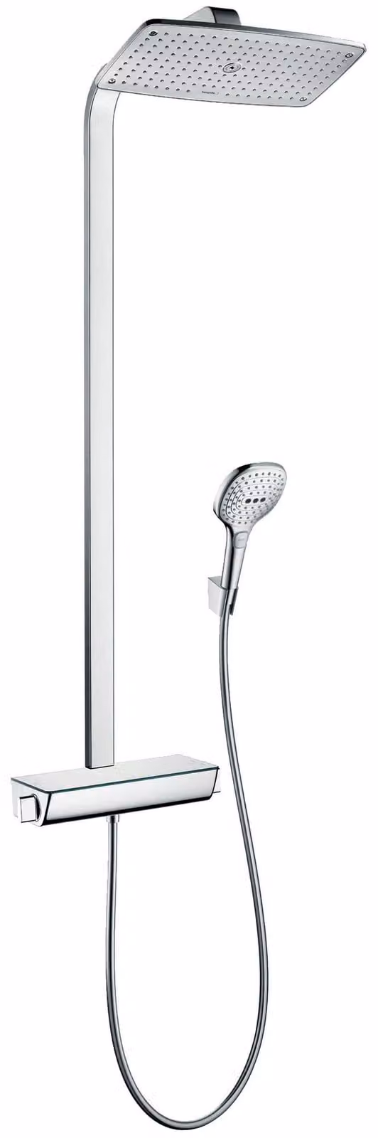 Hansgrohe Raindance Select 360 douchekop en Raindance S douchesysteem met Raindance E Air 1jet hoofddouche, handdouche Raindance Select 150 3jet, handdouchehouder Porter S en Isiflex doucheslang