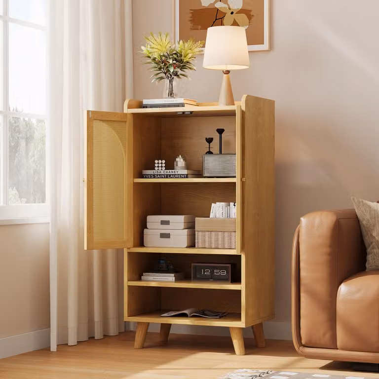 MODENUIT Dressoir met Rotan Deuren en Open Vakken, Naturel, B/D/H: 60 x 40 x 121 cm