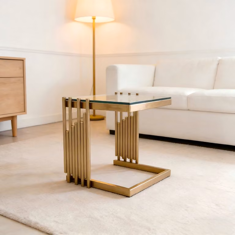 DESMIU Bijzettafel van gehard glas en RVS, Goud, B/D/H: 41 x 41 x 46 cm