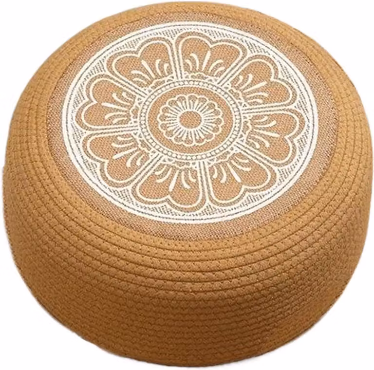 Witte ronde Ottomaanse poef met geweven design voor in de tuin of op het terras, Diameter: 40 cm