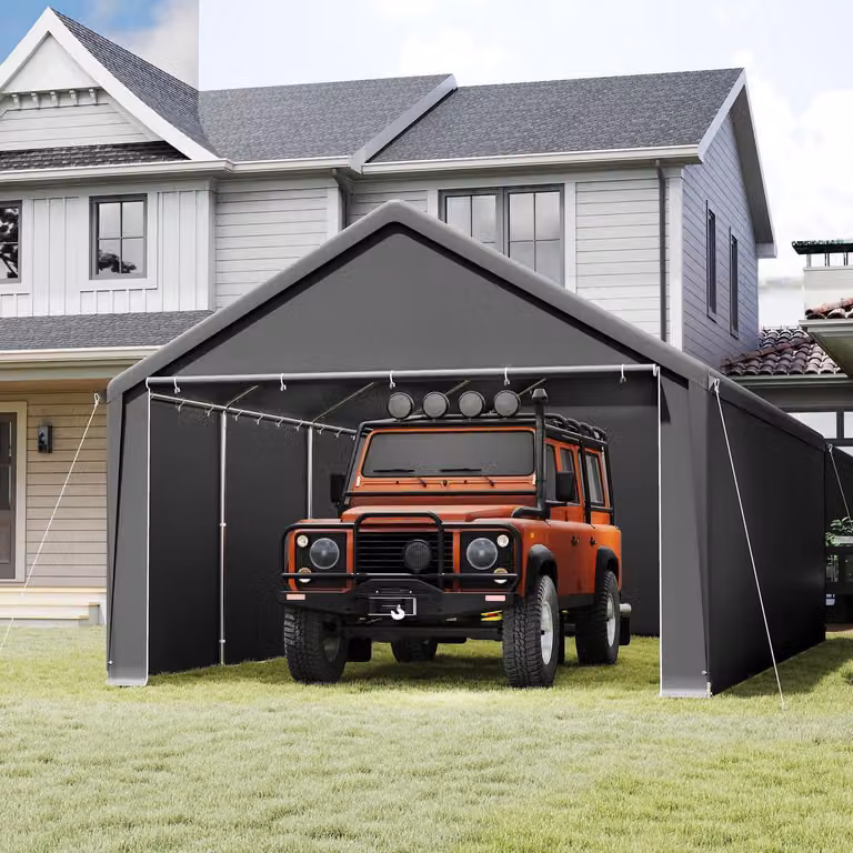 MAYTIIMO Carport met stalen frame en PE zeil, grijs, 4 x 8 meter, inclusief zijpanelen
