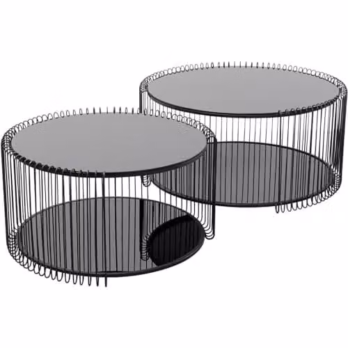 Kare Design Salontafel Wire Double set van 2, zwart, rond, glas en metaal, H x B x D: 34 x 70 x 70 cm