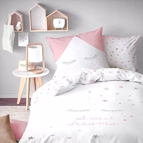 MTOnlinehandel Kinderbeddengoed Sterren Flanel 100% Katoen Wit - Dekbedovertrek 135 x 200 cm en Kussensloop 80 x 80 cm