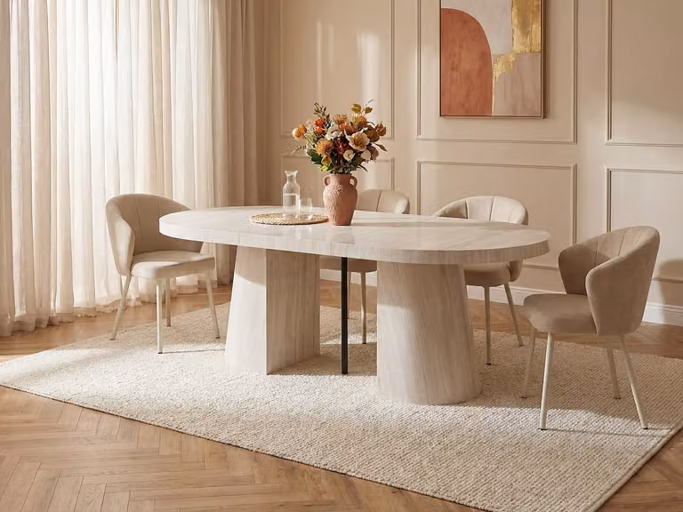 CLOEVA Uitschuifbare ovale eettafel voor 6 tot 12+ personen - Beige travertijn effect - MDF