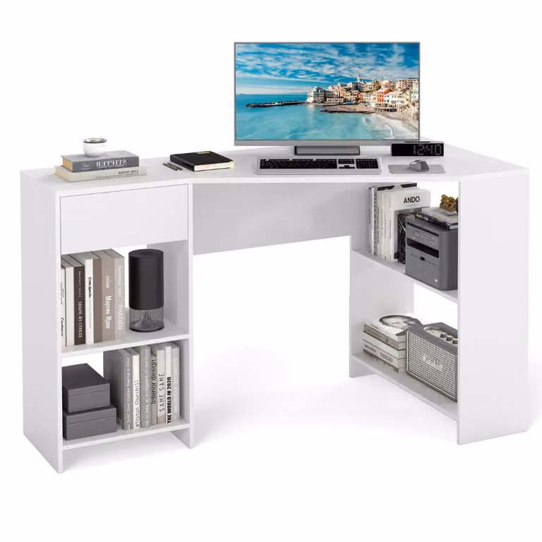 Costway L-vormig hoekbureau met lade en planken voor thuiskantoor, wit