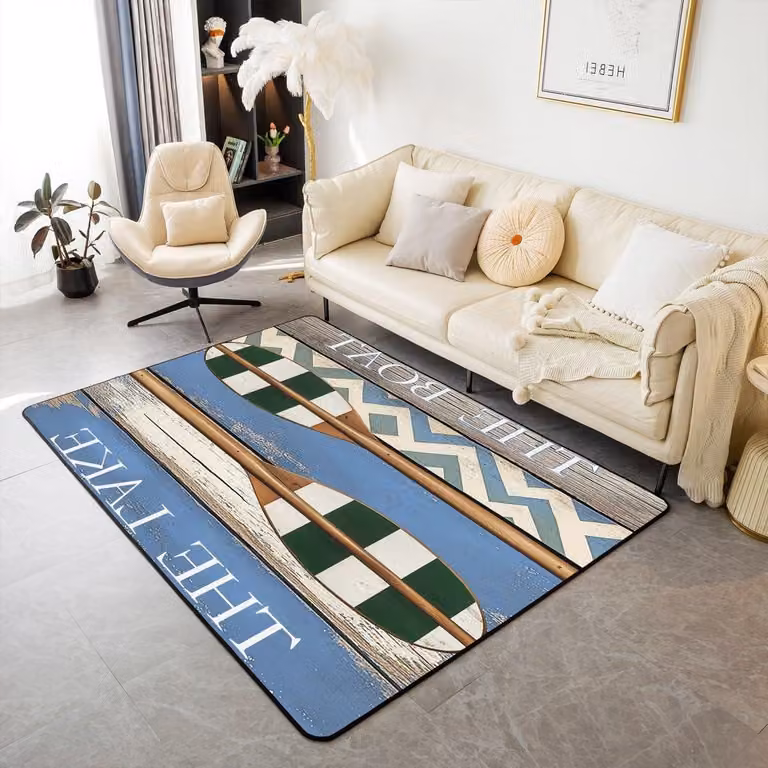 Zacht flanellen vloerkleed met maritiem design in wit, blauw en groen, 100 x 150 cm