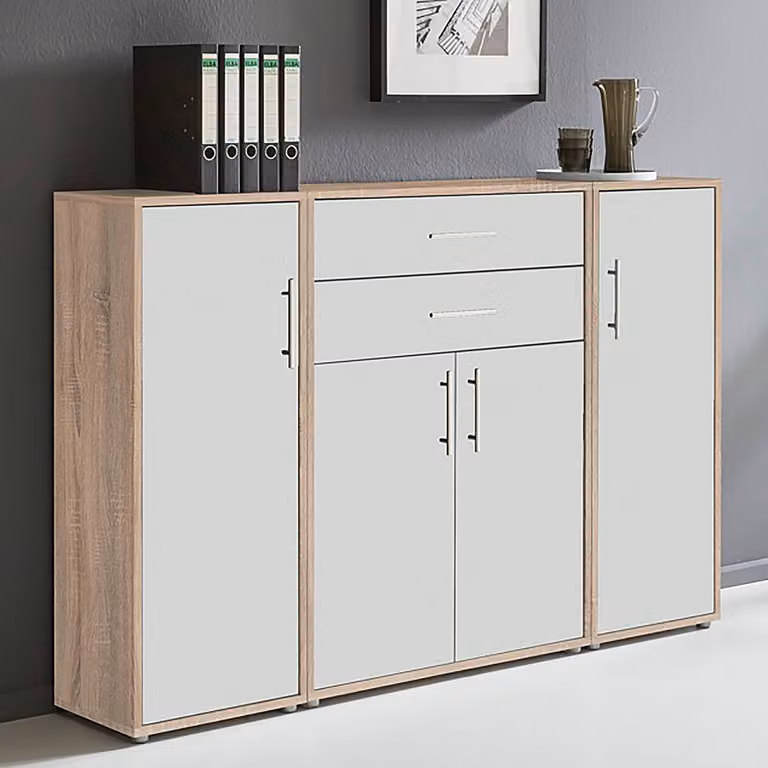 home24 Kastenset 3-delig modern met deuren en laden, bruin/wit Sonoma eikenhouten look, B/D/H: 114 x 33 x 85 cm