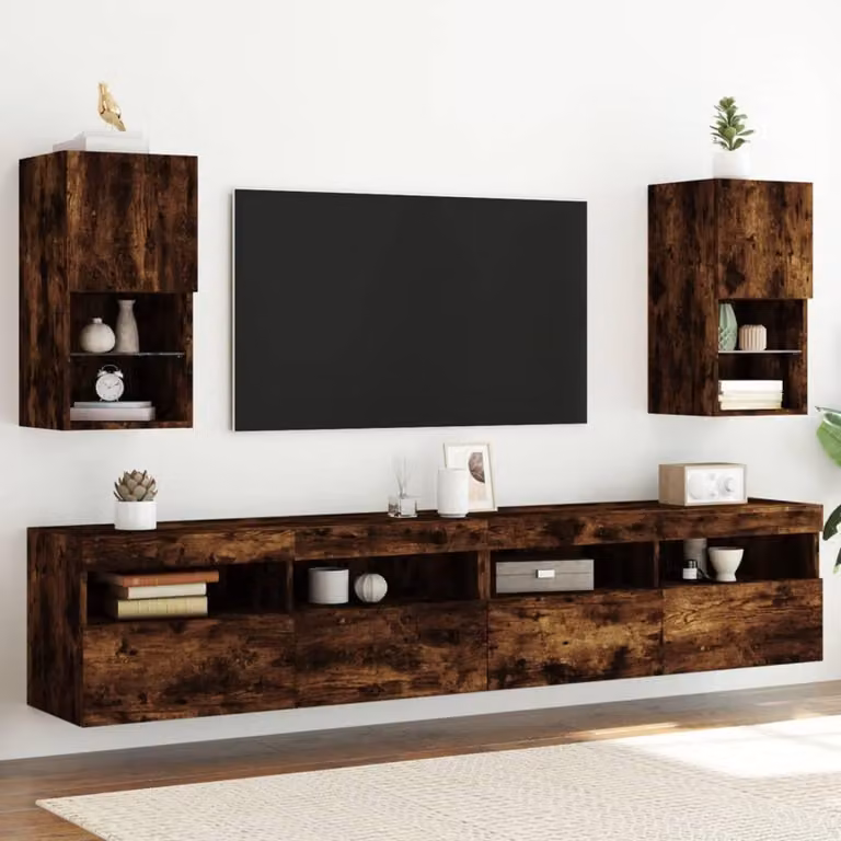 DKD HOME DECOR Set van 2 TV-meubels met LED-verlichting en mediacompartimenten, Gerookt eikenhout, B/D/H: 30,5 x 30 x 60 cm