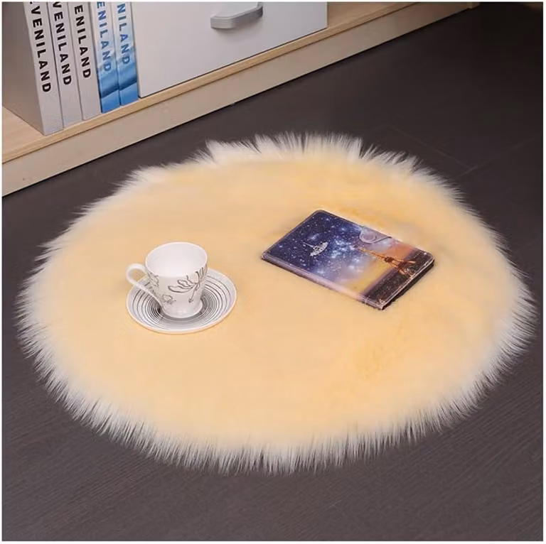 Rond kunstbont tapijt beige, wasbaar en zacht imitatie wol, B/D: 45 x 45 cm