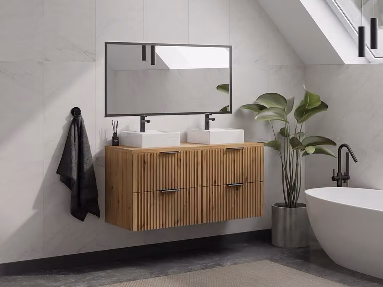 ZEVARA Geribbeld hangmeubel onder wastafel met plank - Licht naturel - Breedte: 120 cm