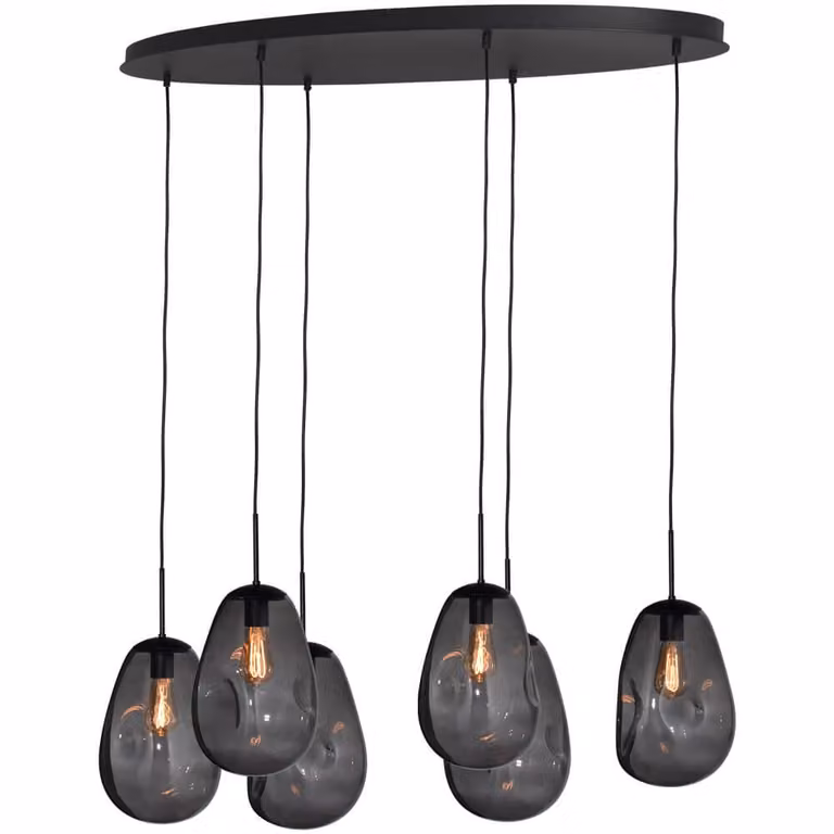 Masterlight Hanglamp Lava Oval met 6 rookglas lampen in grijs, Ø 22,5 cm