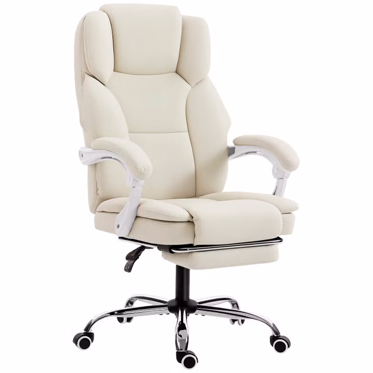 HOMCOM Ergonomische Bureaustoel van Kunstleer met Voetsteun en 155 graden Kantelbare Rugleuning, Beige, B/D/H: 64 x 73 x 112-120 cm