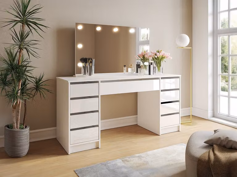 JENEMI Dubbele kaptafel met ledspiegel en 9 lades - Glanzend wit