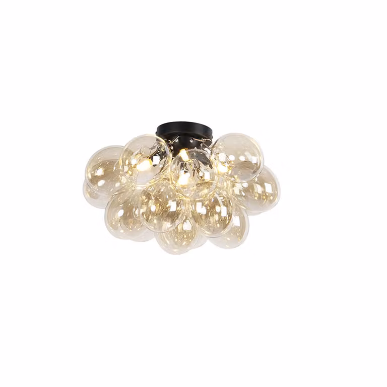 Qazqa Design plafondlamp zwart met amber glas, 4-lichts, Art Deco stijl
