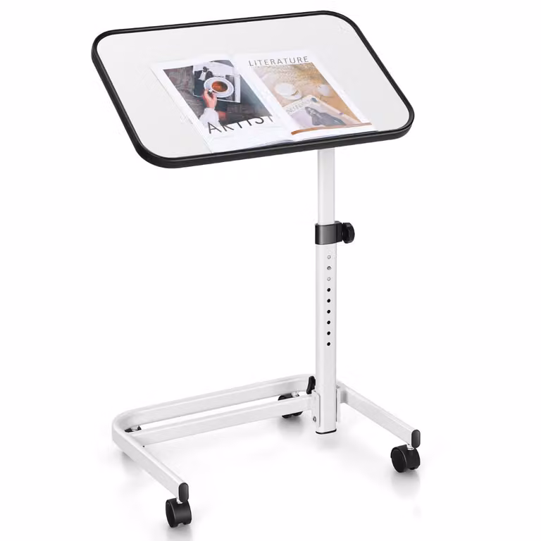 Costway Overbedtafel met Vergrendelbare Universele Wielen, Draagbare Laptoptafel met 9-Traps Hoogteverstelling en Kantelbare Plaat