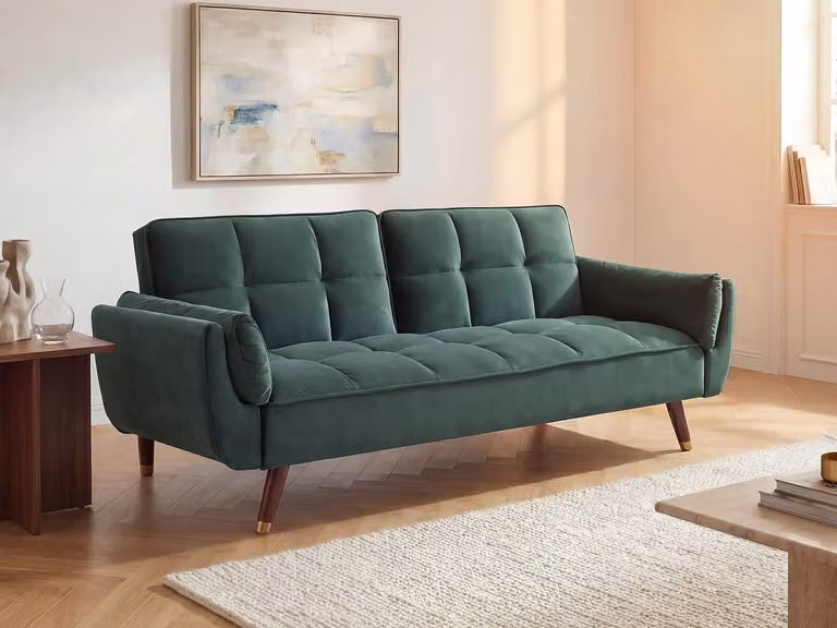 GULCAN Driezitsslaapbank van groen velours met verstelbare rugleuning