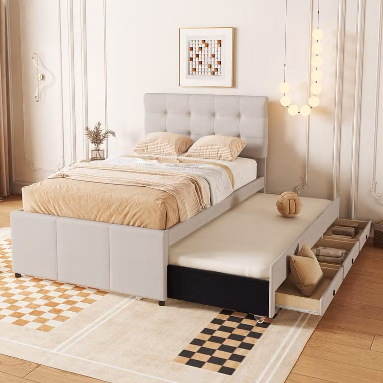 Merax Gestoffeerd Familiebed met drie lades en uitschuifbaar opklapbed, Verstelbaar hoofdeinde, Beige, B/D/H: 90 x 200 cm