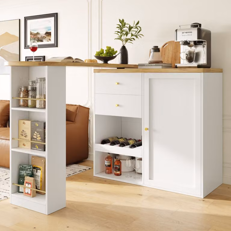 Aosom 360 graden draaibare bartafel met 2 lades en schuifdeurkast, wit