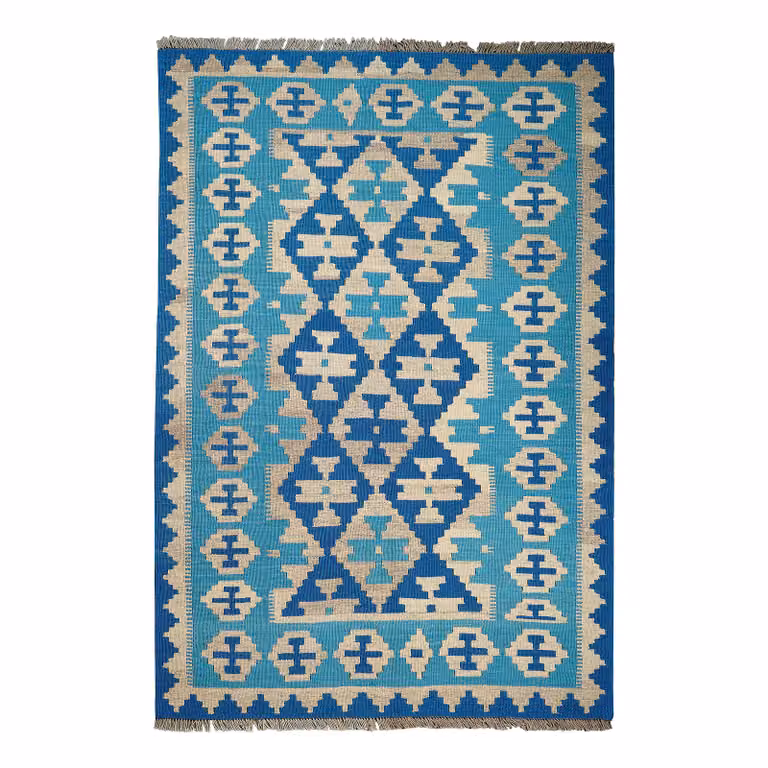 home24 Kelim Gashgai laagpolig vloerkleed blauw B: 120 cm, D: 176 cm, gemaakt van wol