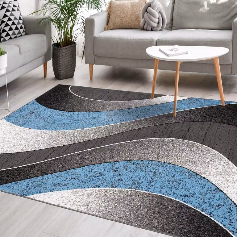Modern Vloerkleed Grijs Blauw - Geometrisch Kortpolig Tapijt - 80 x 150 cm
