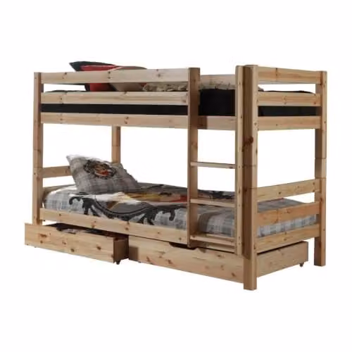 Pino stapelbed met 2 laden, massief hout, naturel gelakt, 90 x 200 cm