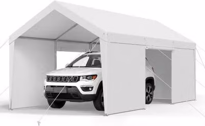 Vevor Carport met zijwanden en deur, Wit, B/D/H: 609 x 365 x 302 cm