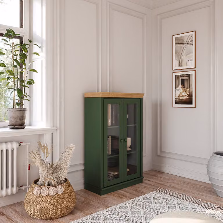 home24 Houten kast met glasdeur, Groen/Grenenhout, B/D/H: 119 x 37 x 74 cm