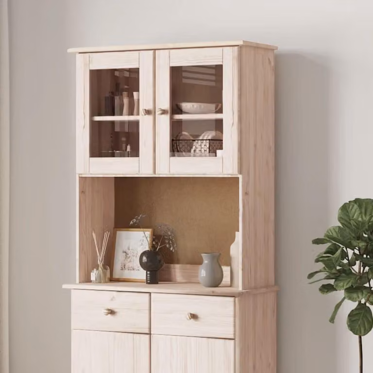 Houten Vitrine Opzetstuk voor Dressoir of Kastje van Massief Grenenhout met Glazen Deuren, Bruin, B: 77 cm, D: 30 cm, H: 92 cm