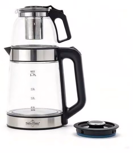Swiss Haus SH-GWK2220 Set met glazen waterkoker van 1,7 liter en Turkse theepot van 0,5 liter, roestvrij staal, 2200W
