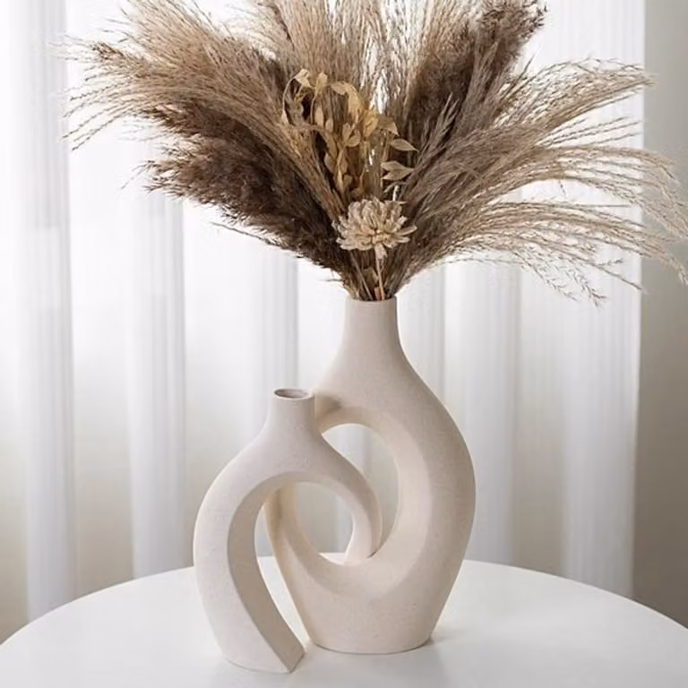 Set van 2 Crèmewitte Keramische Doughnut Vazen - Moderne, Minimalistische Decoratie voor Woonkamer & Tafel