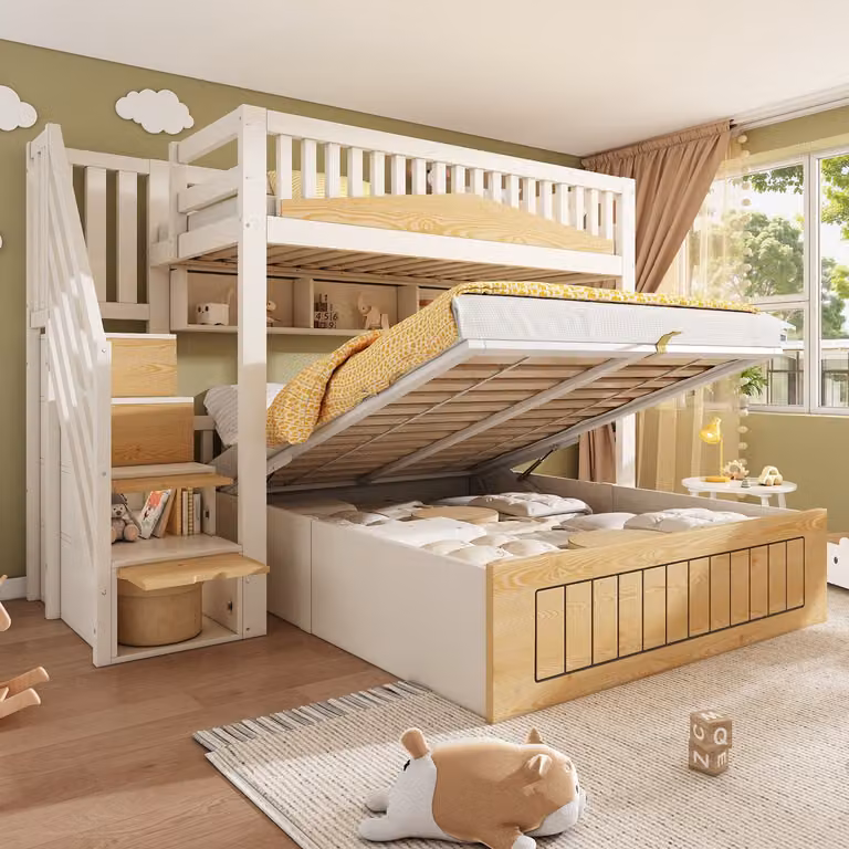 REDOM Luxe Familiebed en Stapelbed met Opbergtrap, Gasveer en USB-poort - Wit/Naturel - B/D/H: 230 x 140 x 90 cm en 230 x 200 x 90 cm