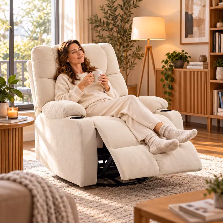 HOMCOM Relaxfauteuil met voetensteun, draaibare ligstoel met 2 bekerhouders, beige, H x B x D: 108 x 88 x 96 cm