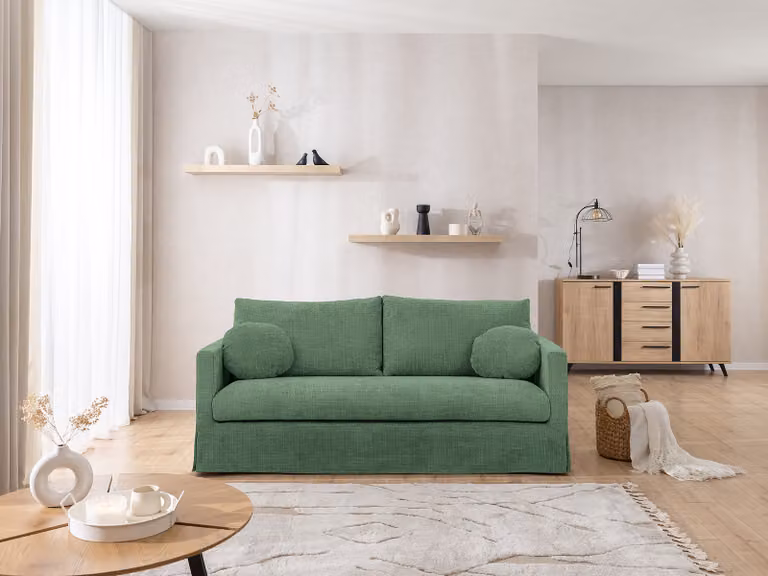 home24 Bankhoes Cristy voor 3-zitsbank, Groen Chenille, Landelijke stijl, B: 195 cm, D: 89 cm, H: 95 cm