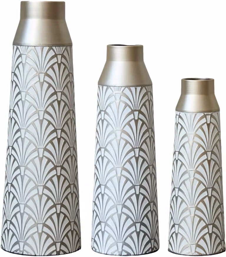 MUVANO Set van 3 Metalen Vloervazen met Waaiermotief in Wit Zilver - Hoogtes: 43,5 cm, 51 cm en 61 cm