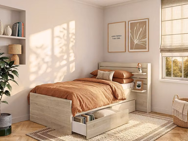 TENALIA Bed met opbergruimte en lades in houteffect, Bruin/Beige, B/D/H: 90 x 200 x 216,8 cm