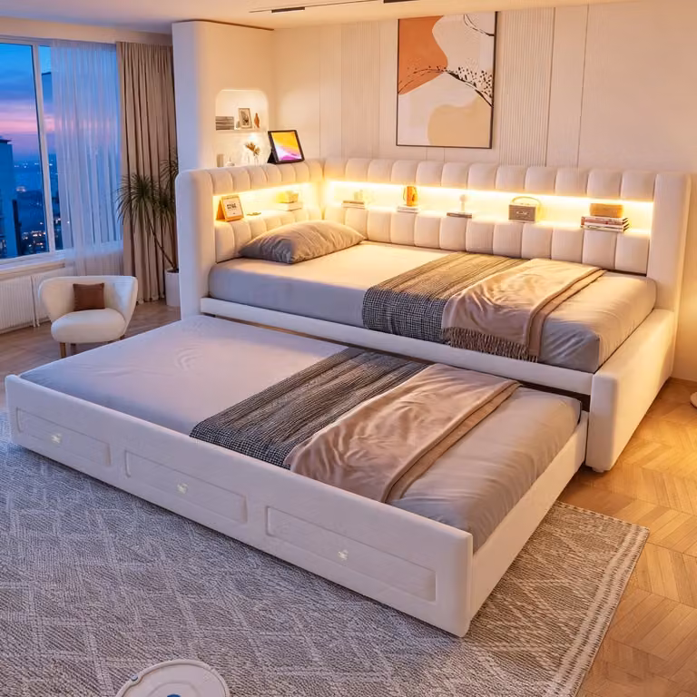 Beige fluwelen slaapbank met matras, uittrekbaar bed, opberglade, LED-verlichting en USB-oplaadpoort, B/D/H: 90 x 190 cm