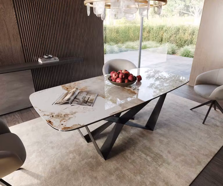 DELIFE Eetkamertafel Edge Boot met keramisch blad in Minas Melange wit-beige en zwart stalen onderstel, B/D/H: 200 x 100 x 76 cm