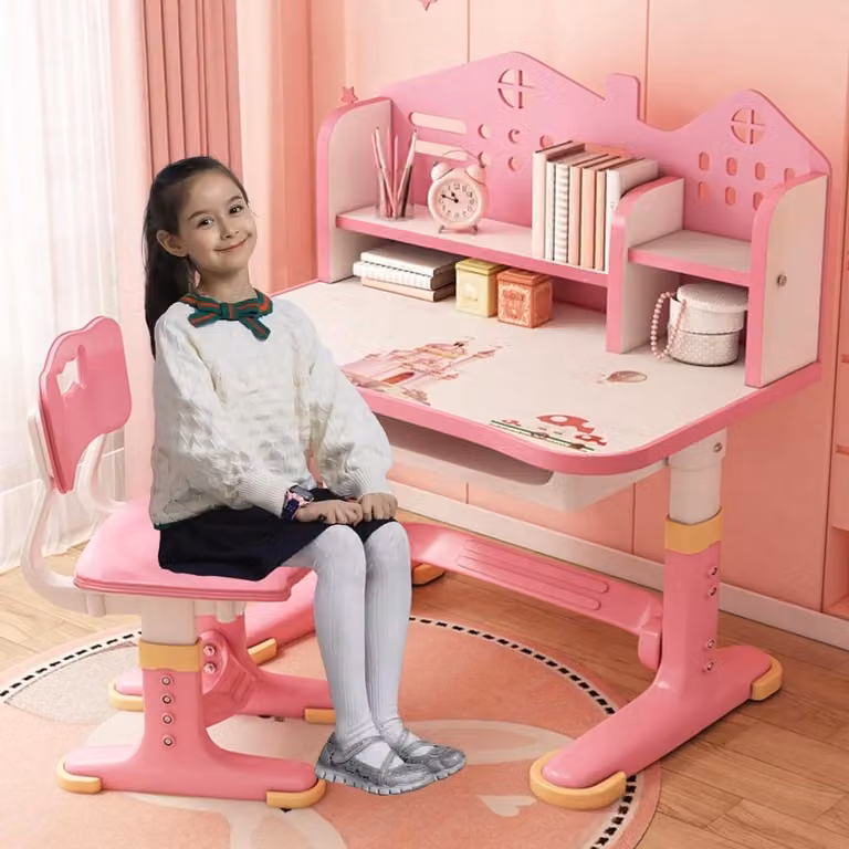 Kinderbureau Stoelset Roze - In hoogte verstelbare studeeset voor kinderen - B: 105 cm, D: 75.5 cm