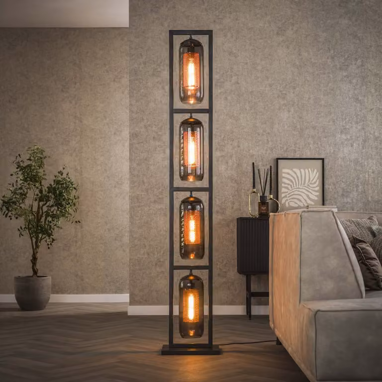 Lyora Glazen vloerlamp Smoke - Zwart met koper - 4x E27 - Hoogte: 190 cm