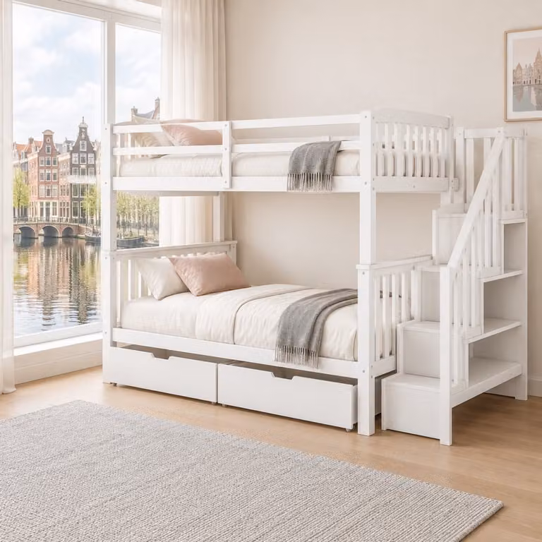 WUVRIE Stapelbed voor kinderen met trapkast en 2 lades, wit, 140 x 200 cm