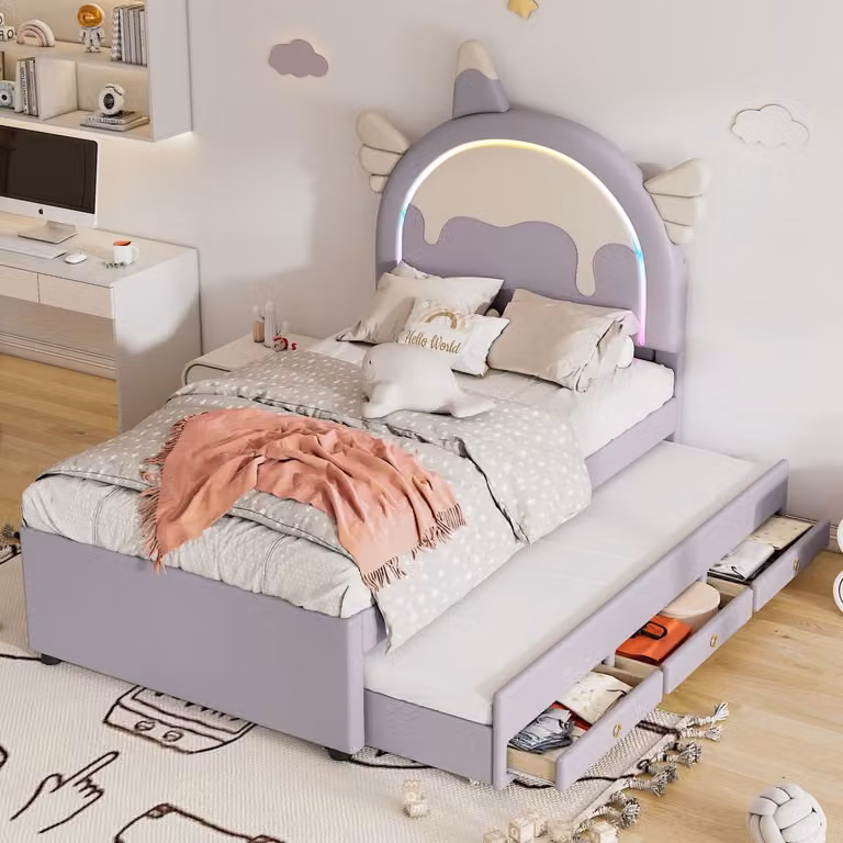 Wishdor Kinderbed Eenhoornvorm met Uitschuifbed en Lades - Paars - 90x200 cm