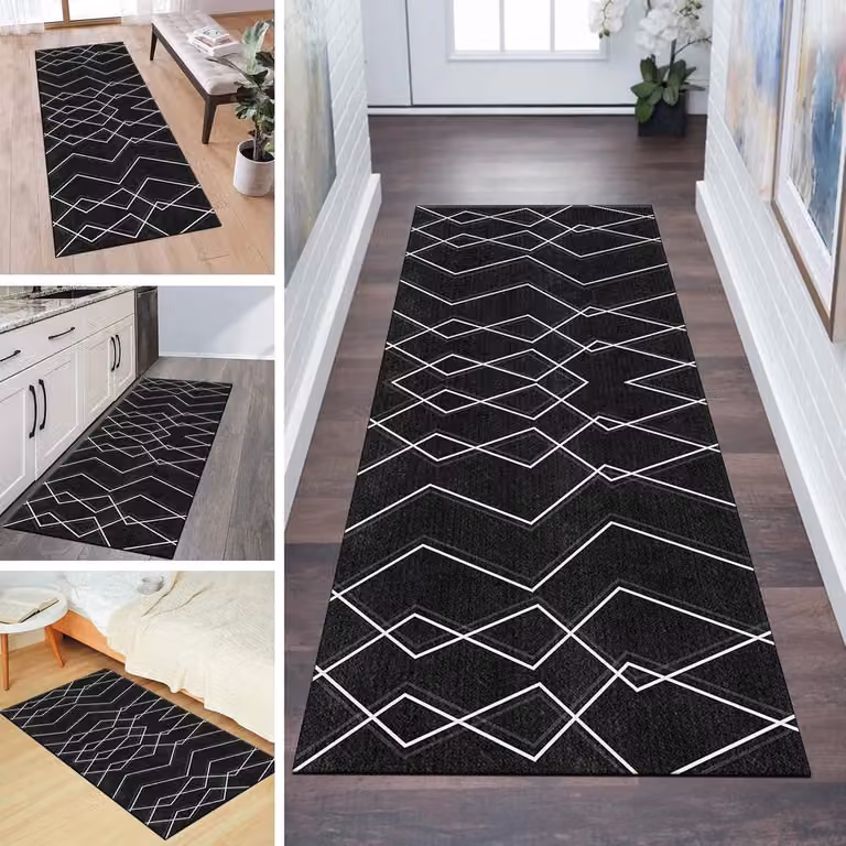Gestreepte tapijtloper voor gang of keuken, zwart wit, antislip en wasbaar, B: 40 cm, L: 150 cm