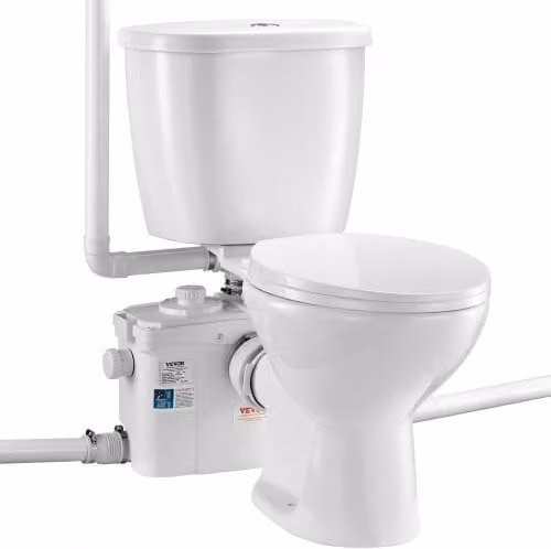 Vevor Toiletsysteem met 800W maceratorpomp, wit keramisch keldertoilet met dubbele spoeling en horizontale uitlaat, B/D/H: 44 x 77 x 44 cm