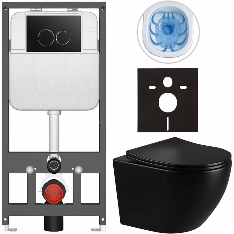 CERANO Toiletset met vloerplaat en hangend toilet, donkergroen glanzend, met zwarte Prime/Dualo bedieningsknop, 49 x 36 cm