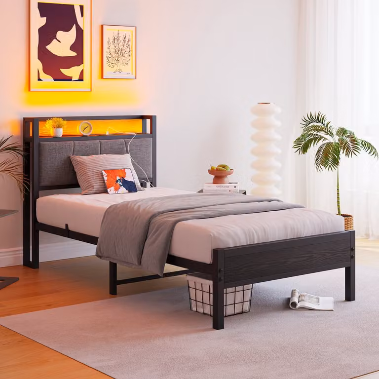 REDOM Eenpersoonsbed 90x200 cm – Bedframe met Opberghoofdbord, LED-verlichting en USB-poorten – Zwart