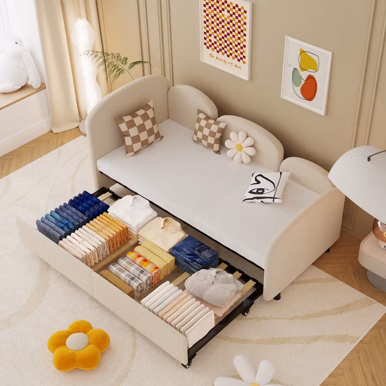 Clruro Daybed Twin Size - Fluwelen Sofa Bed met Opberglade en Massief Hout - Beige